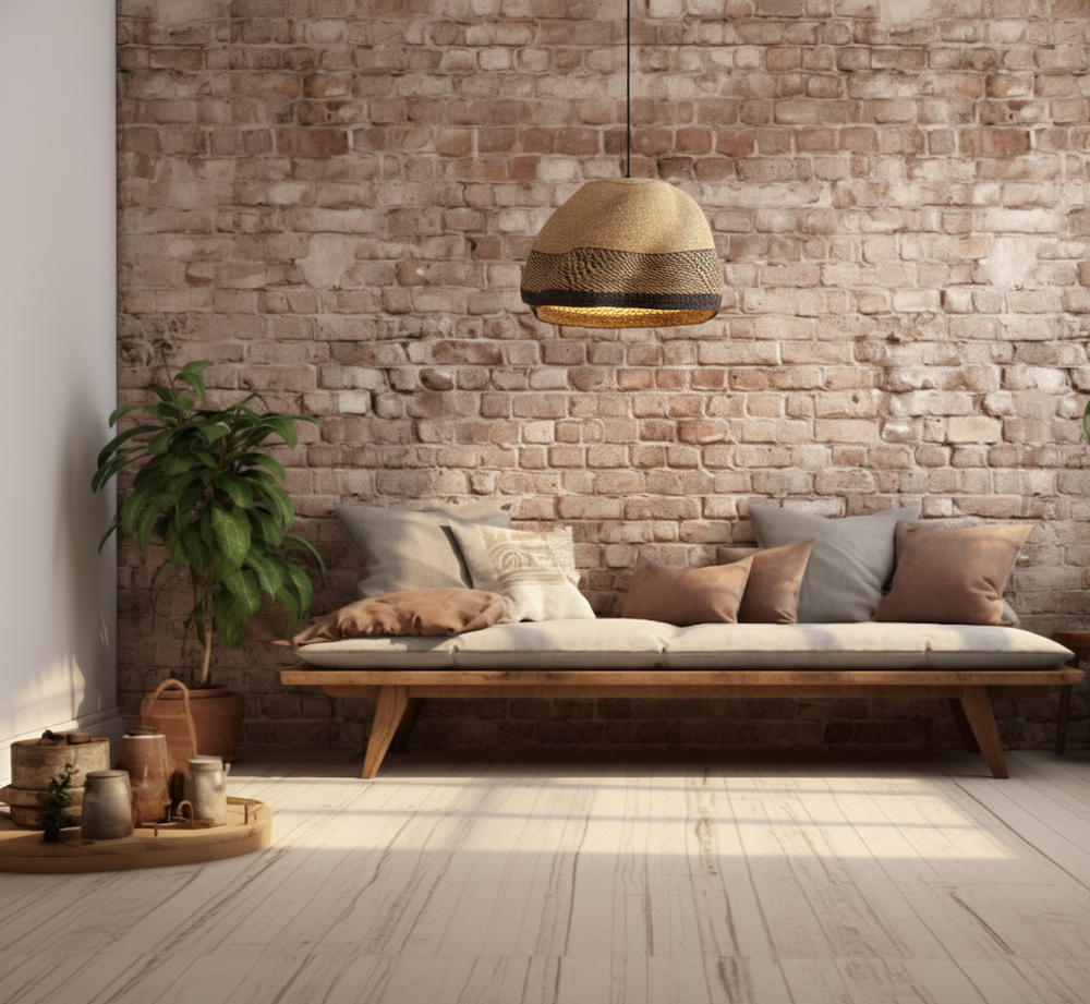 Handwoven basket ceiling lamp hanging from a high rustic ceiling, casting warm natural light in a cozy living room.