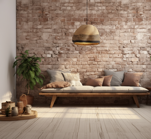 
                  
                    Handwoven basket ceiling lamp hanging from a high rustic ceiling, casting warm natural light in a cozy living room.
                  
                