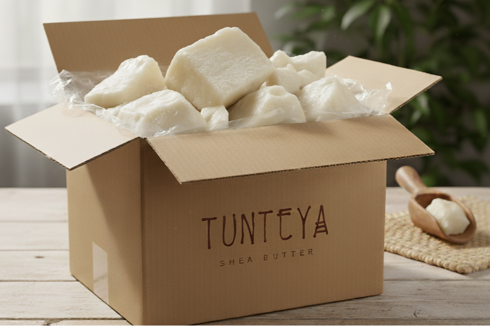 Box of Tunteya sheep butter on a wooden table with a plant in the background
