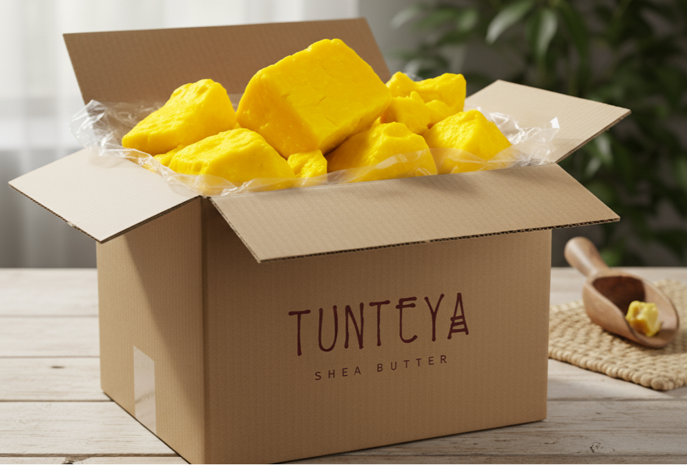 Box of Tunteya shea butter on a wooden surface with a blurred background