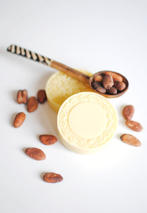 
                  
                    cooca butter lotion bar with cocoa beans on a spoon
                  
                